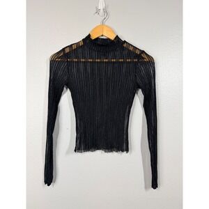 FOREVER 21 Shirt Women's S Black Sheer Ribbed Mock Neck Long Sleeve Top Sparkle